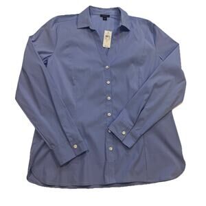 Ann Taylor Factory Womens Large Blue Button Front Blouse Long Sleeve Stretch NWT